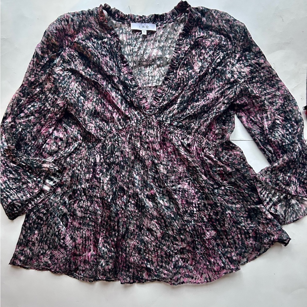 IRO Eleen Silk blend Blouse Ruffles Bell Sleeves Floral print pattern S 34 small - Picture 4 of 10